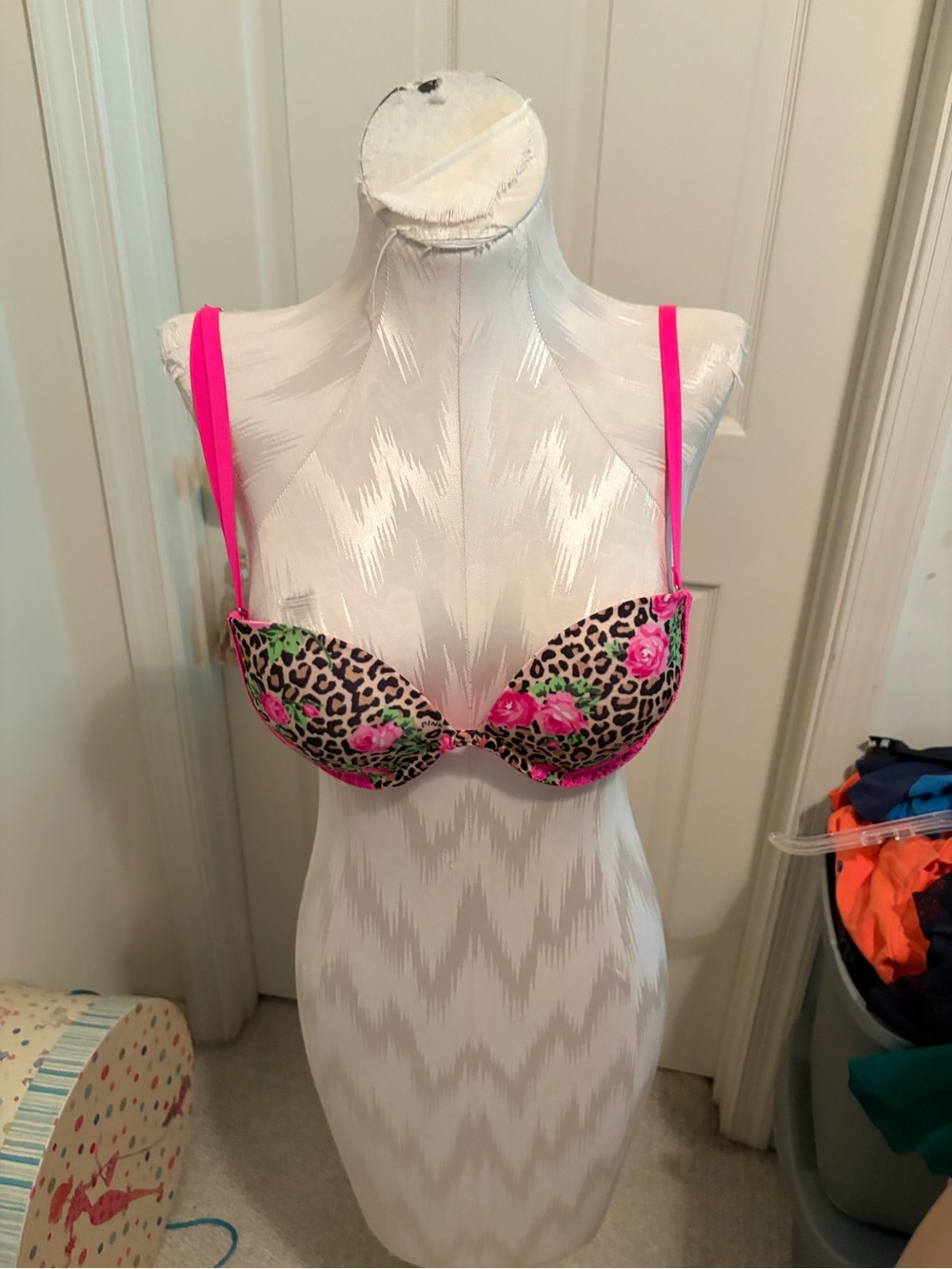 Pink Victoria's Secret Leopard Print Bra with Hot Pink Floral Accents 34B